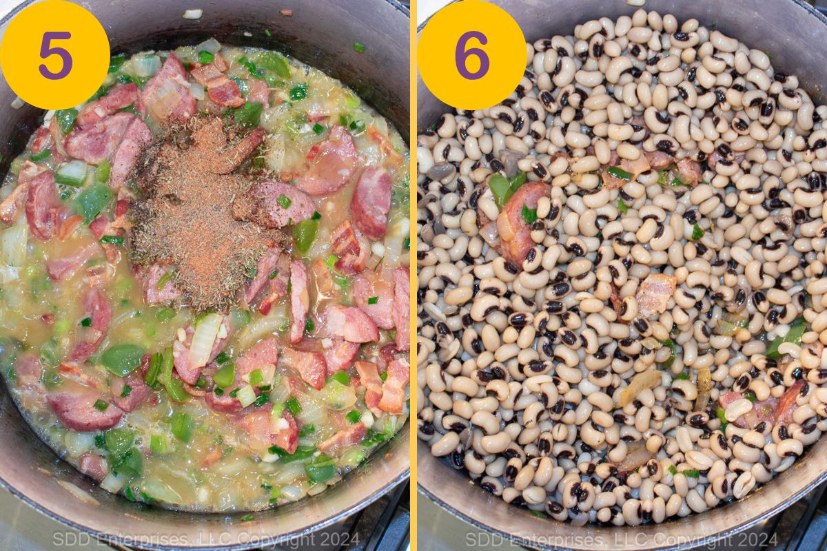 Seasoning black-eyed peas in a Dutch oven.