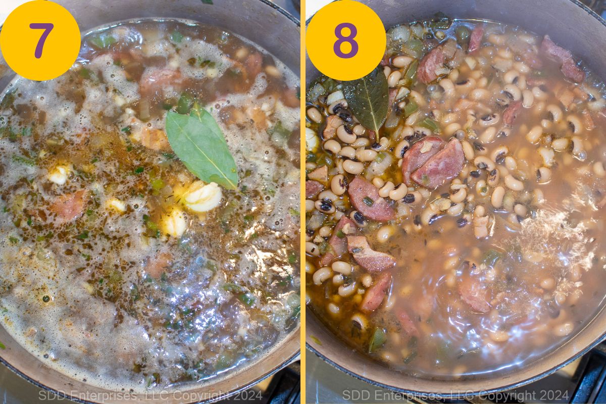 Black-eyed peas simmering in stock in a Dutch oven.