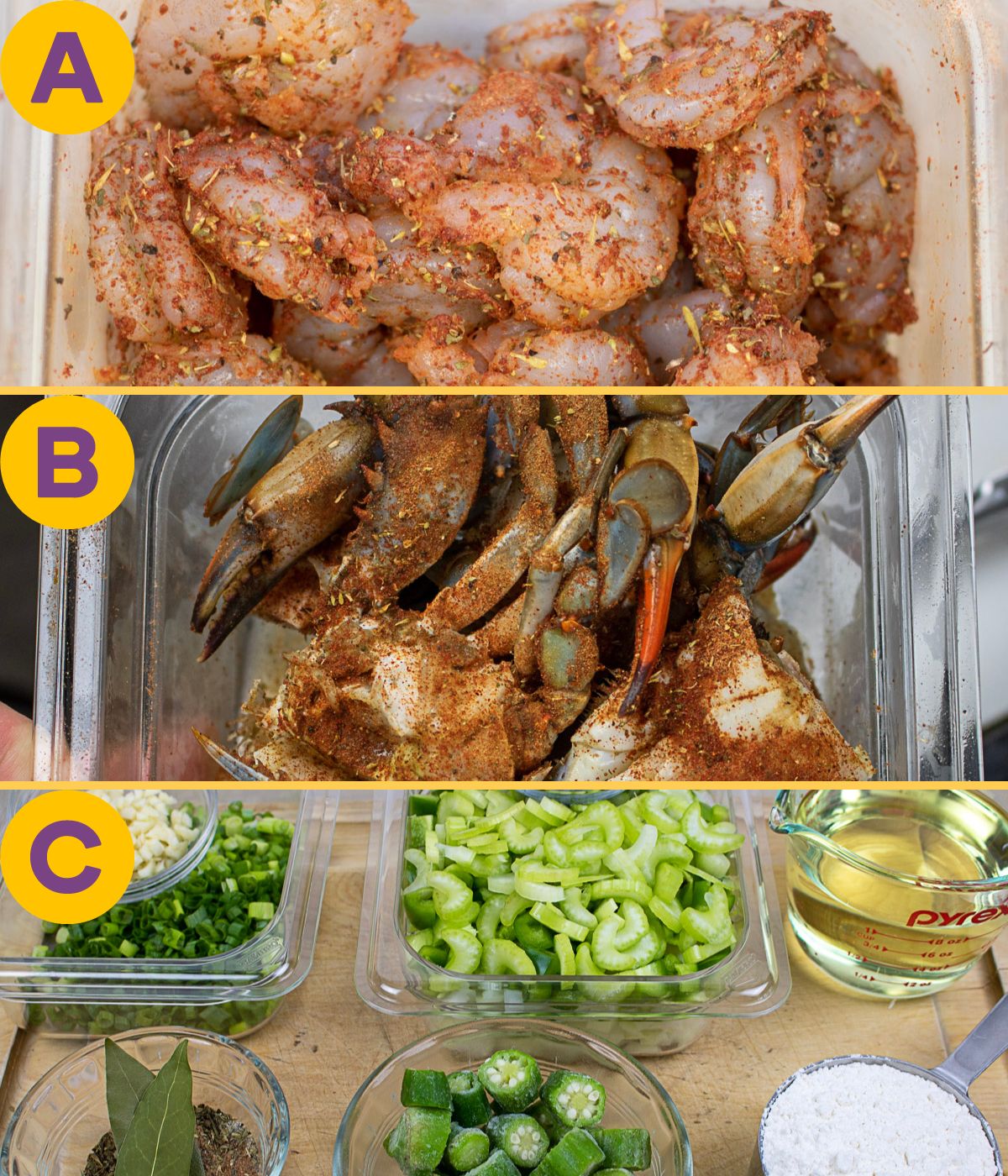 Steps for preparing ingredients for Seafood Gumbo