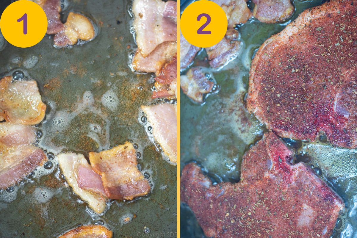 Rendering bacon and searing pork in a Dutch oven.
