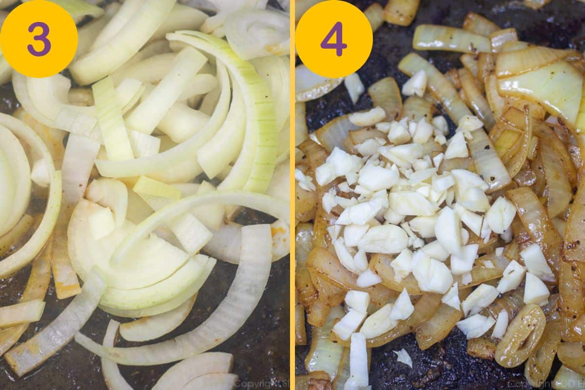 Sautéing onions and garlic in a Dutch oven.