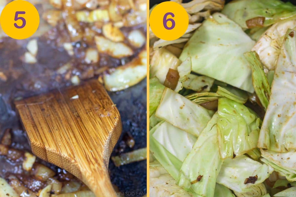 Deglazing a Dutch oven and searing cabbage .