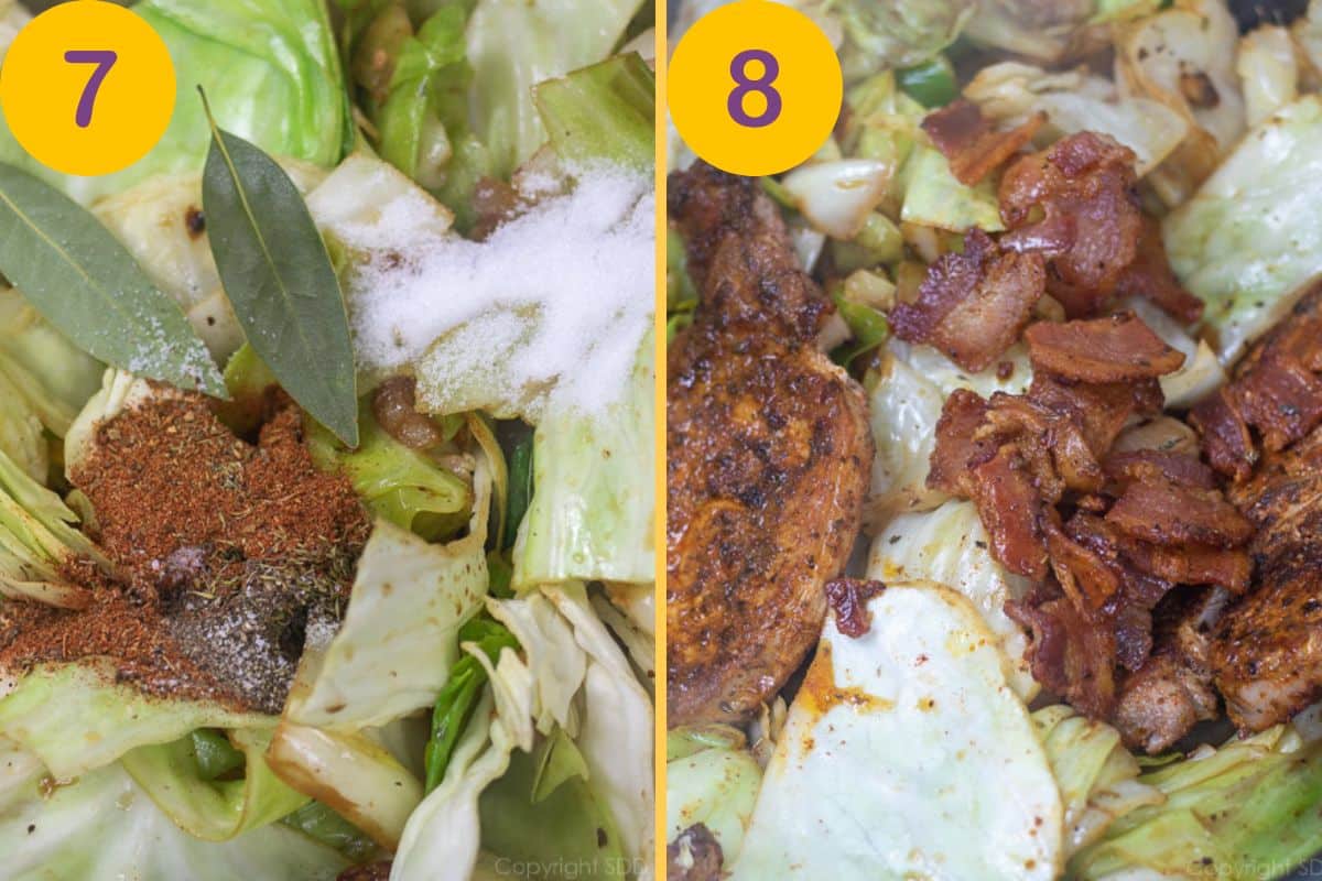 Seasoning vegetables and adding pork to the mixture.