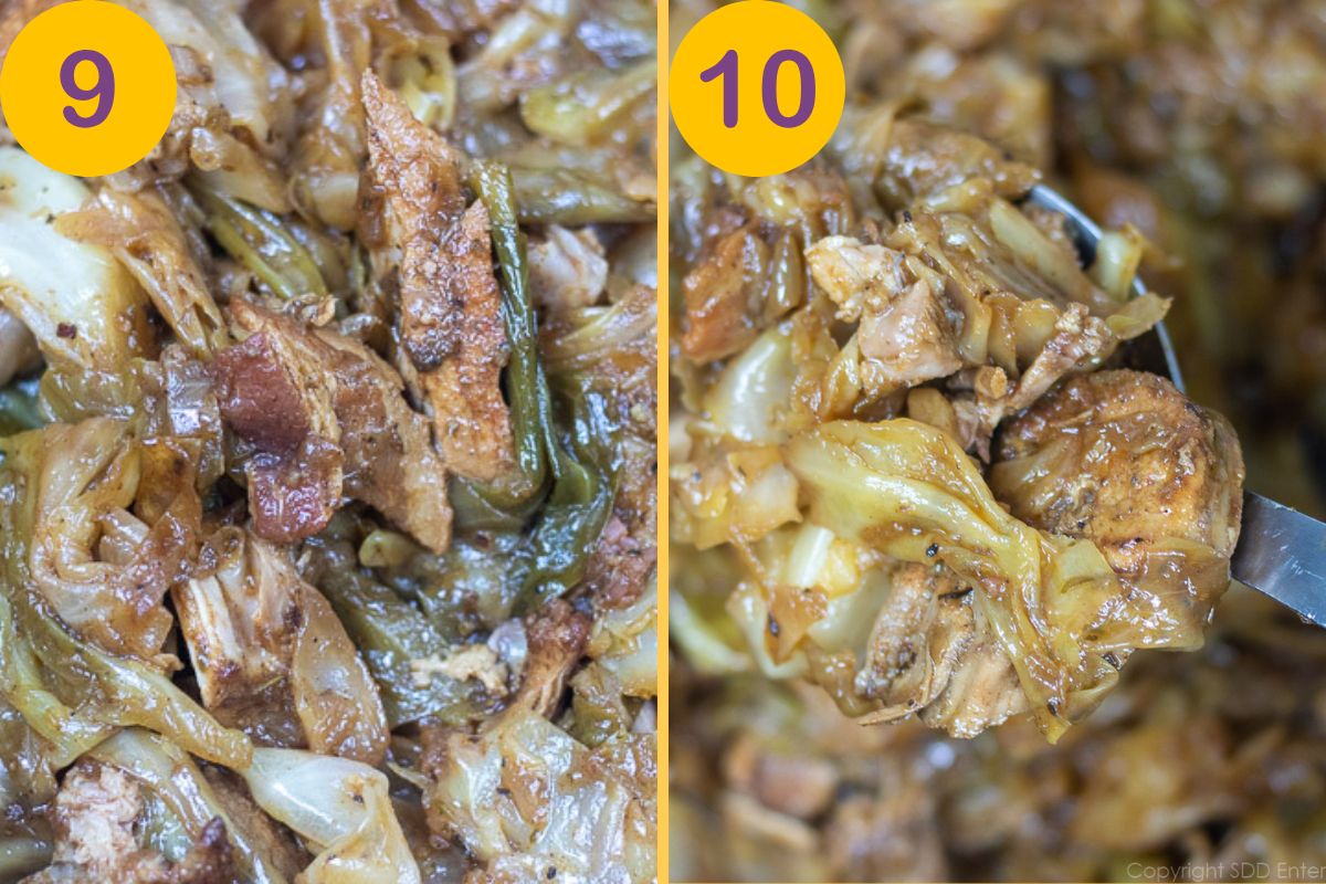 Smothering Cabbage with Pork in a Dutch oven.