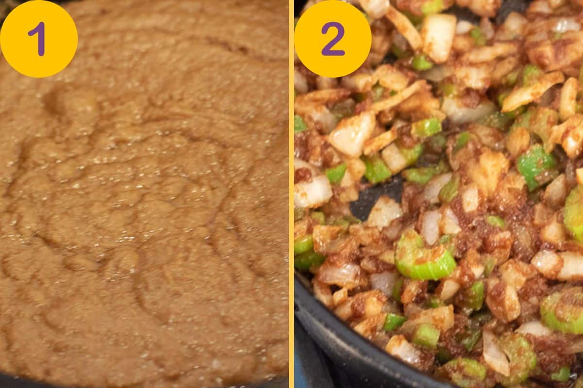 Dark roux and Trinity in a cast iron Dutch oven.