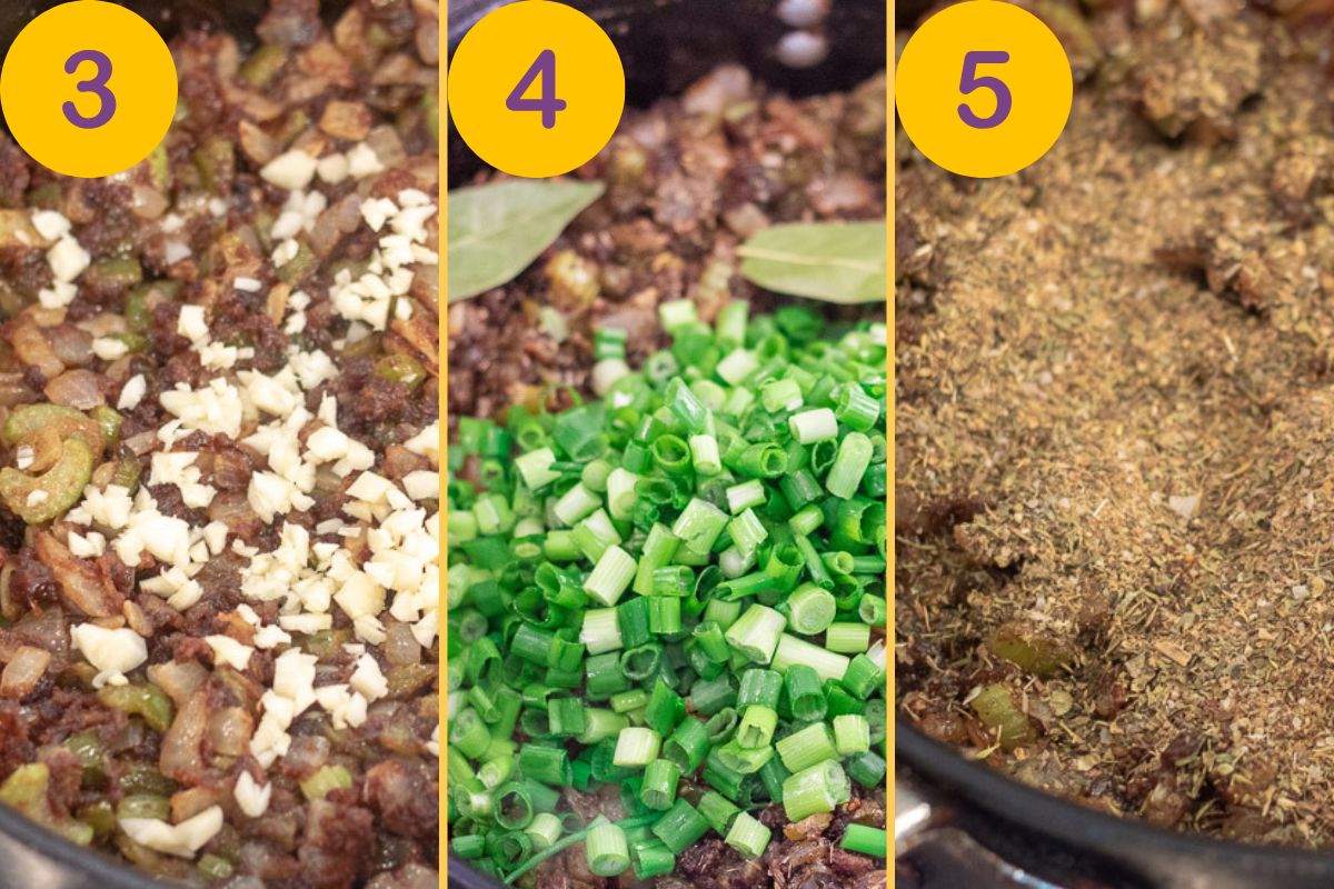 Seasoning and spices being added to a Trinity for gumbo.