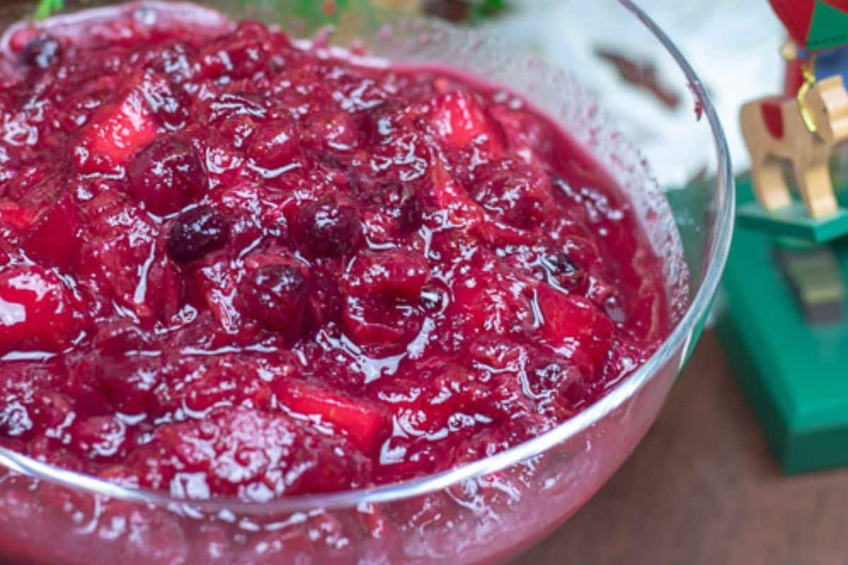 Cranberry Relish in a holiday serving bowl.