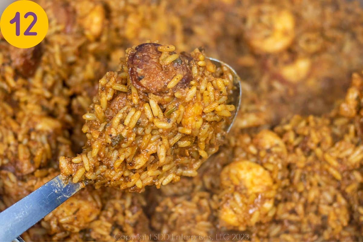a serving spoon of Creole Jambalaya over a Dutch oven.