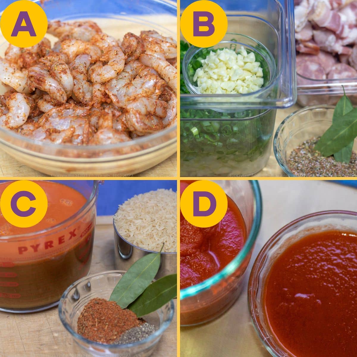 Preparation steps for making jambalaya.
