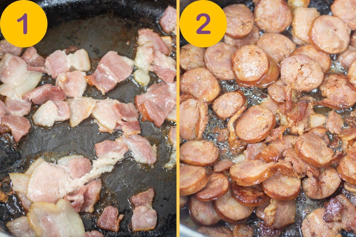 Browning and rendering sausage and bacon in a Dutch oven.
