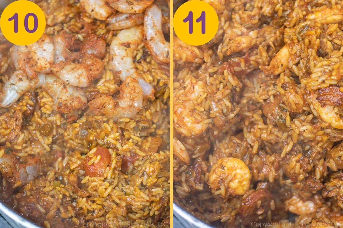Shrimp added to jambalaya in a Dutch oven.