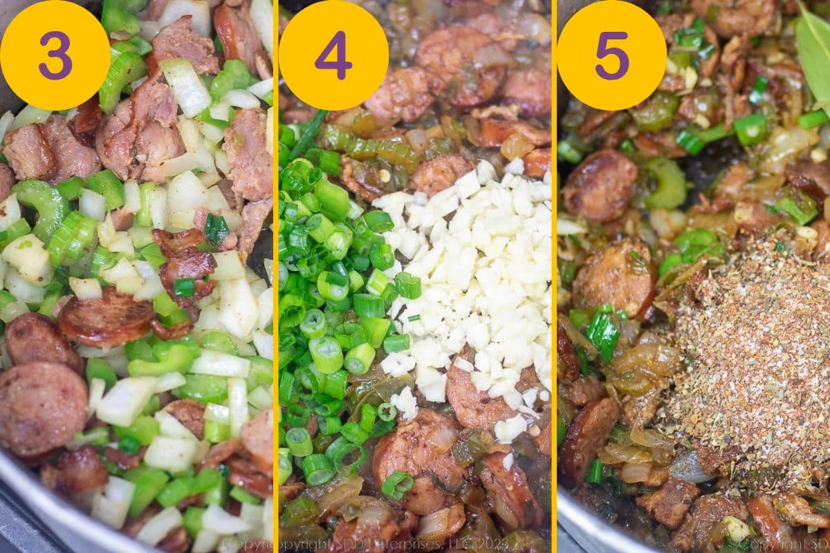 Adding seasonings to browned meats in a Dutch oven.