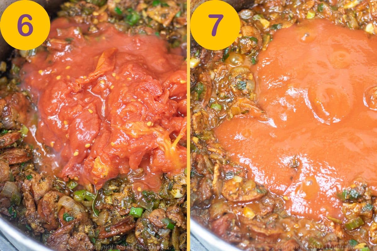 Tomatoes added to seasoned meats in a Dutch oven.