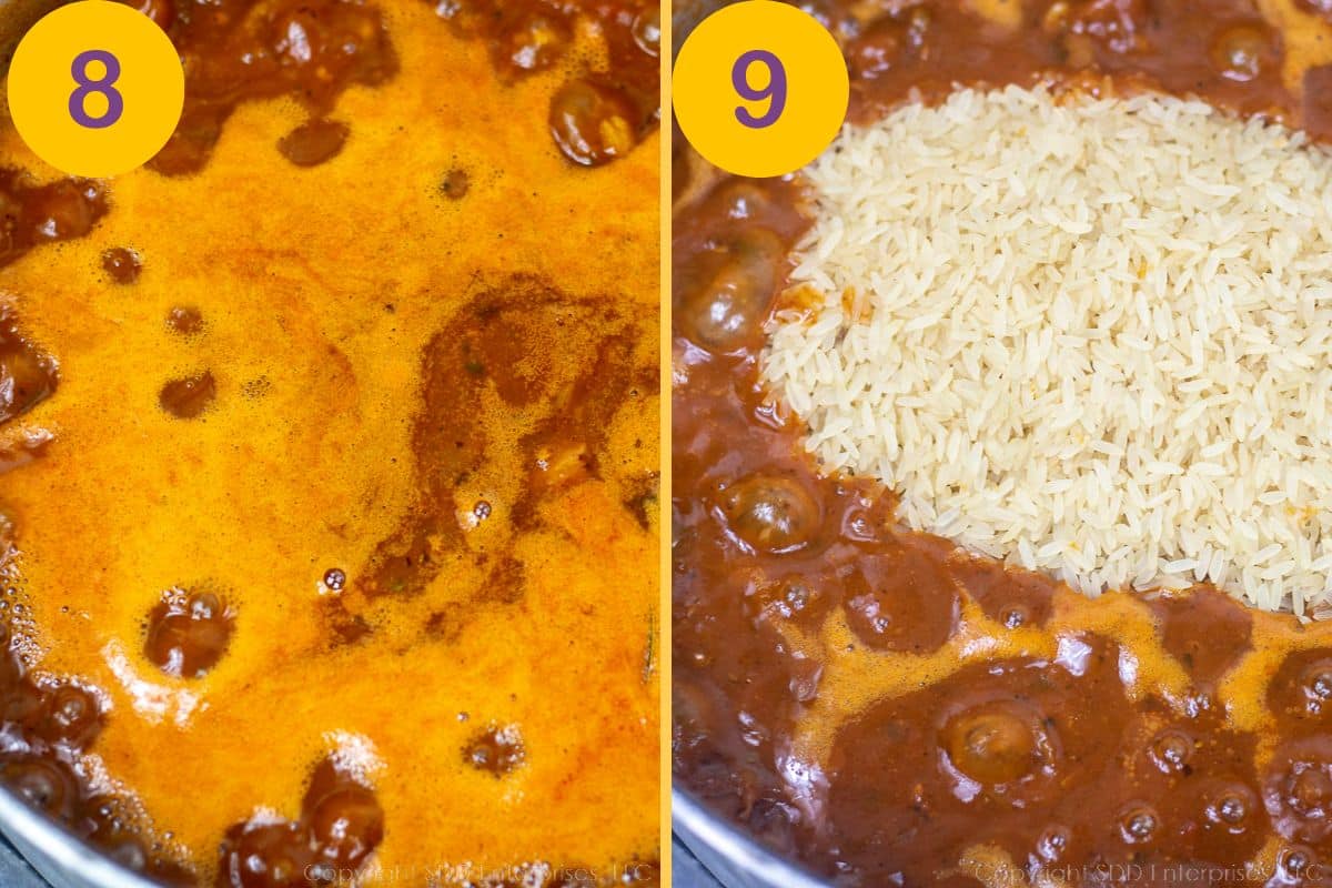 Simmering stock and cooking rice in a Dutch oven.