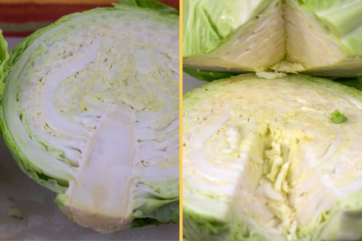 De-coring green cabbage.