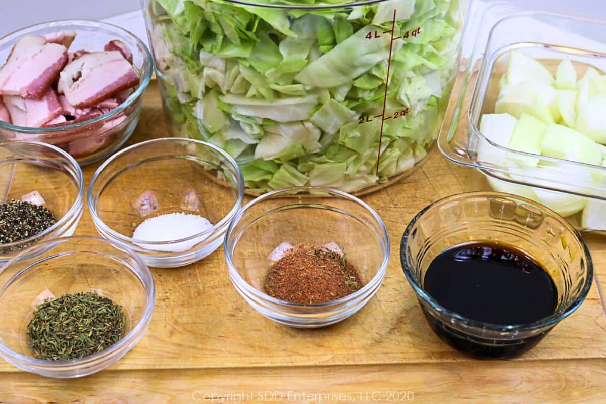 Prepared ingredients for Fried Cabbage with Bacon.