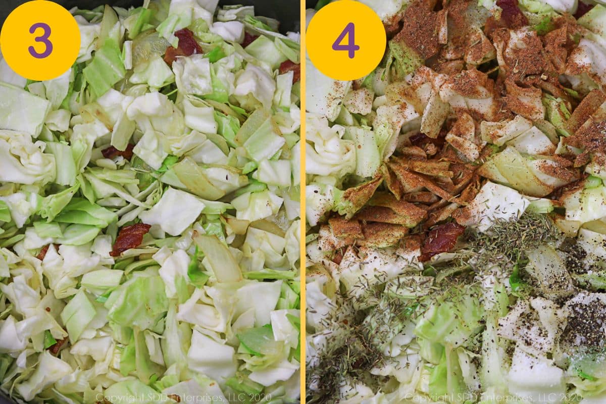 Green cabbage added to bacon with seasoning in a Dutch oven.