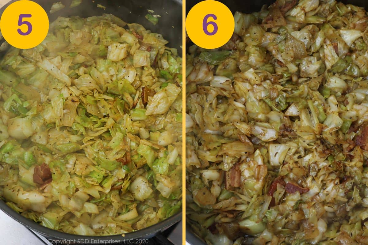 Frying seasoned green cabbage with bacon in a Dutch oven.