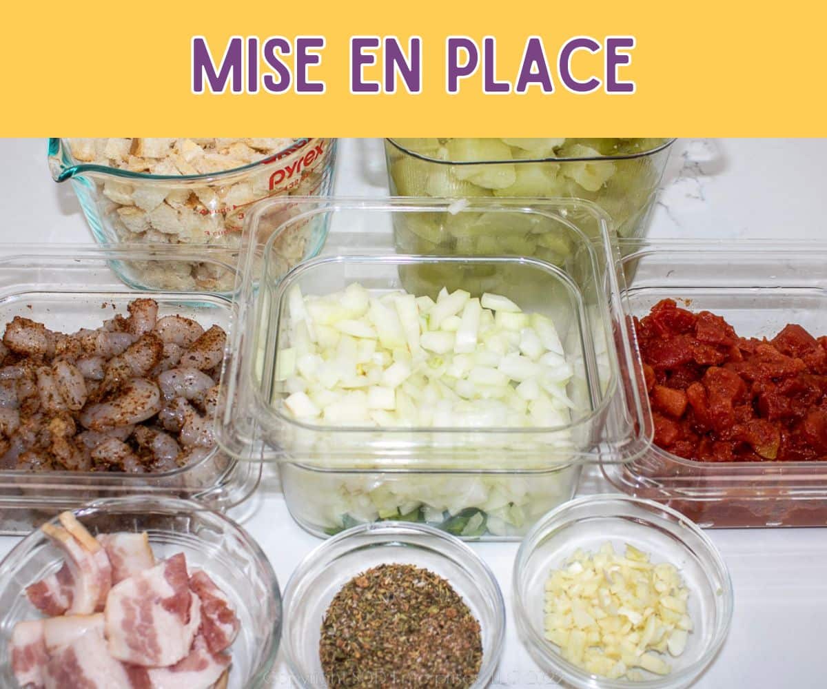 Prepared ingredients to make Mirliton and Shrimp Dressing.
