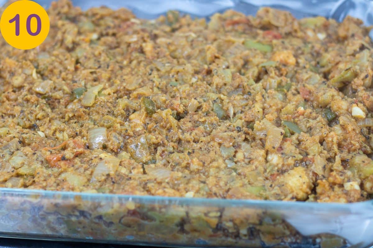 Mirliton and Shrimp Dressing in a baking dish ready for the oven.
