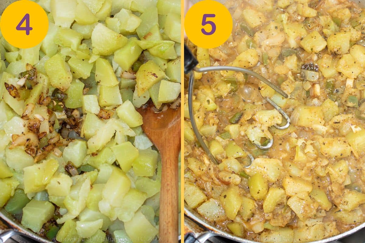 Smothering mirliton with vegetables in a frying pan.