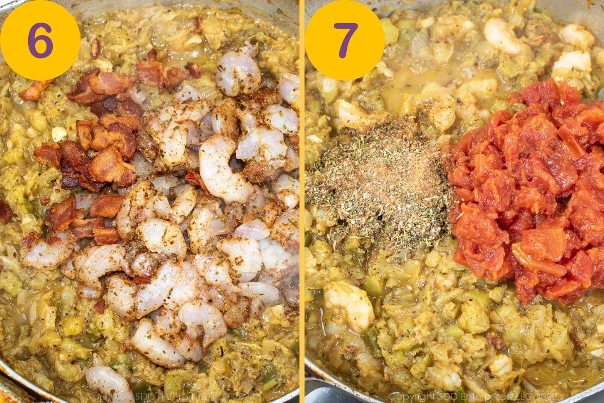 Adding shrimp and tomatoes to mirliton and vegetables in a frying pan.