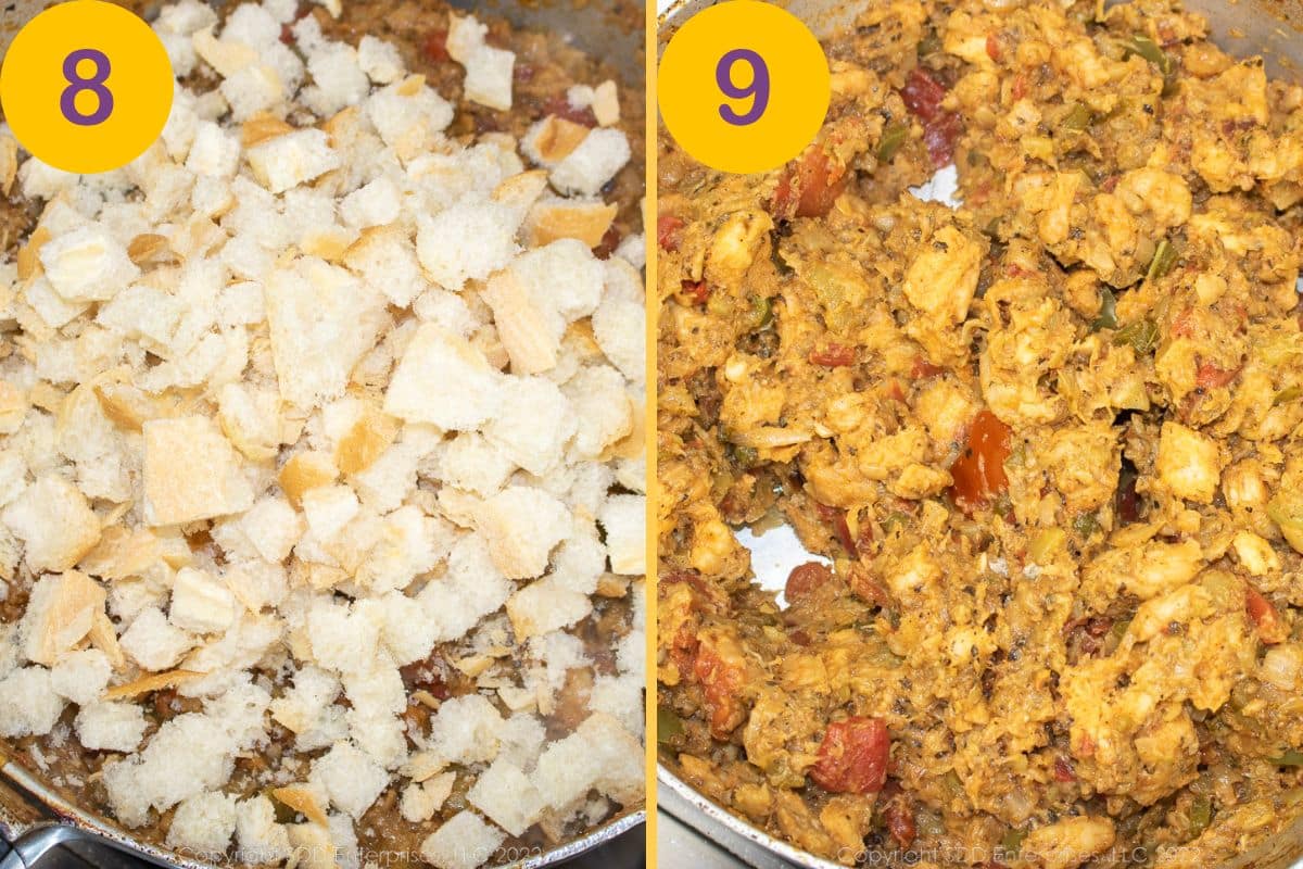 Mixing in bread filling into mirliton dressing in a frying pan.
