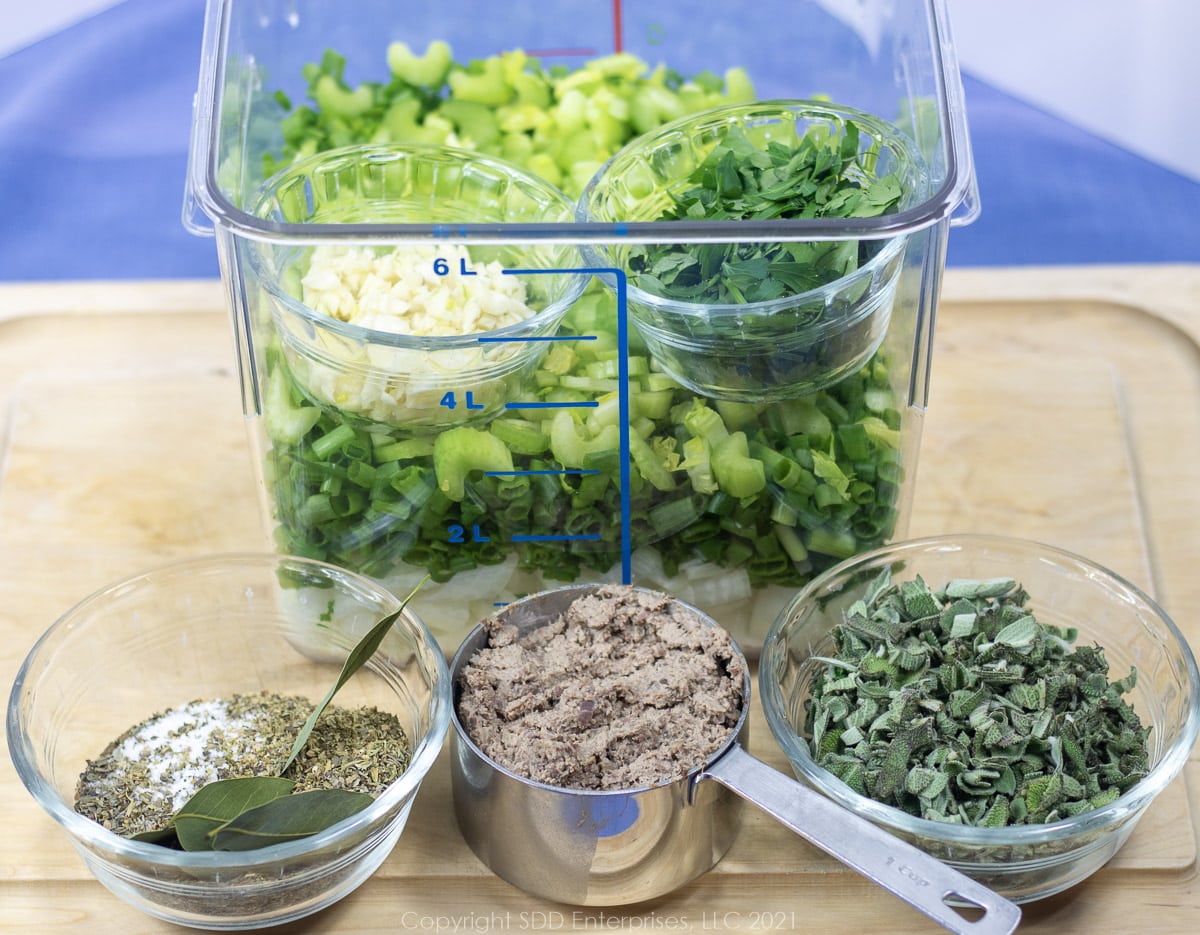 Prepared ingredients for Oyster Dressing.