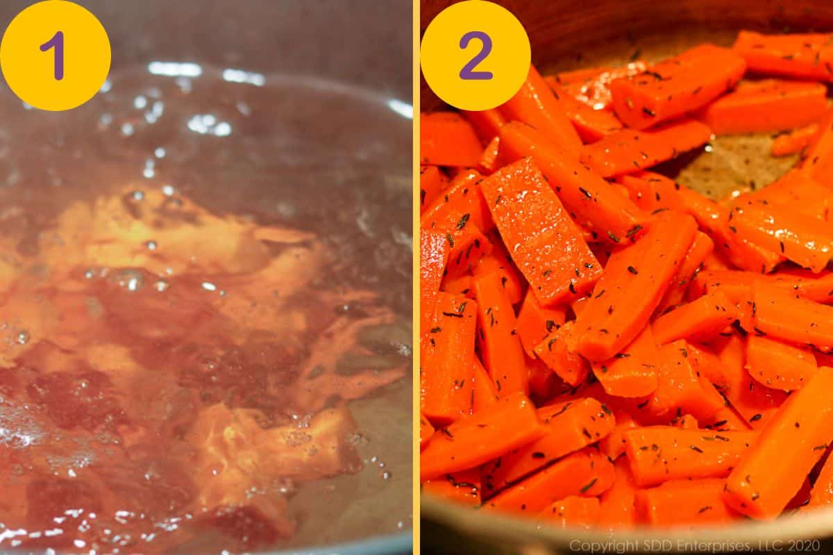 Initial steps in preparing carrots for roasting.