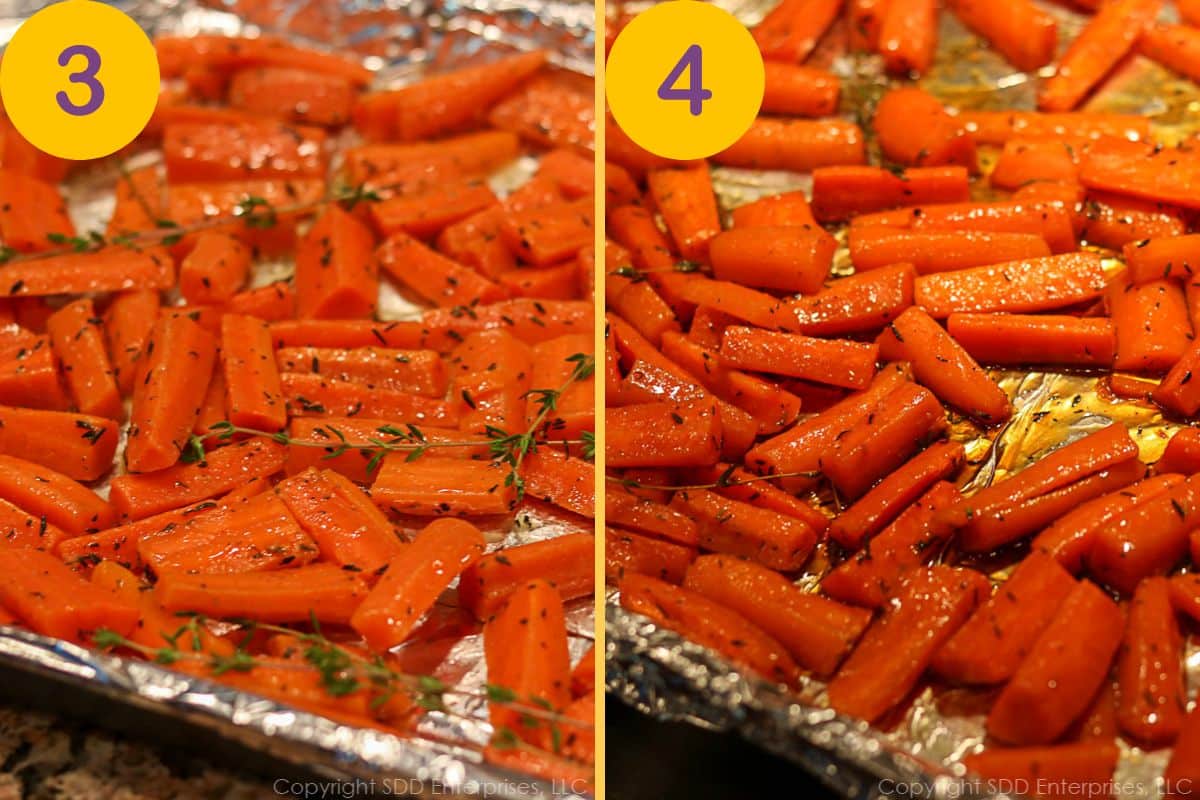 Roasting carrots with herbs and butter on a baking sheet.