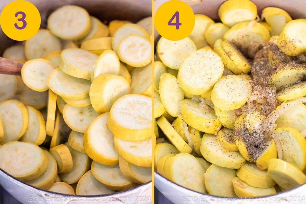 Steps for preparing Yellow Squash Casserole. 