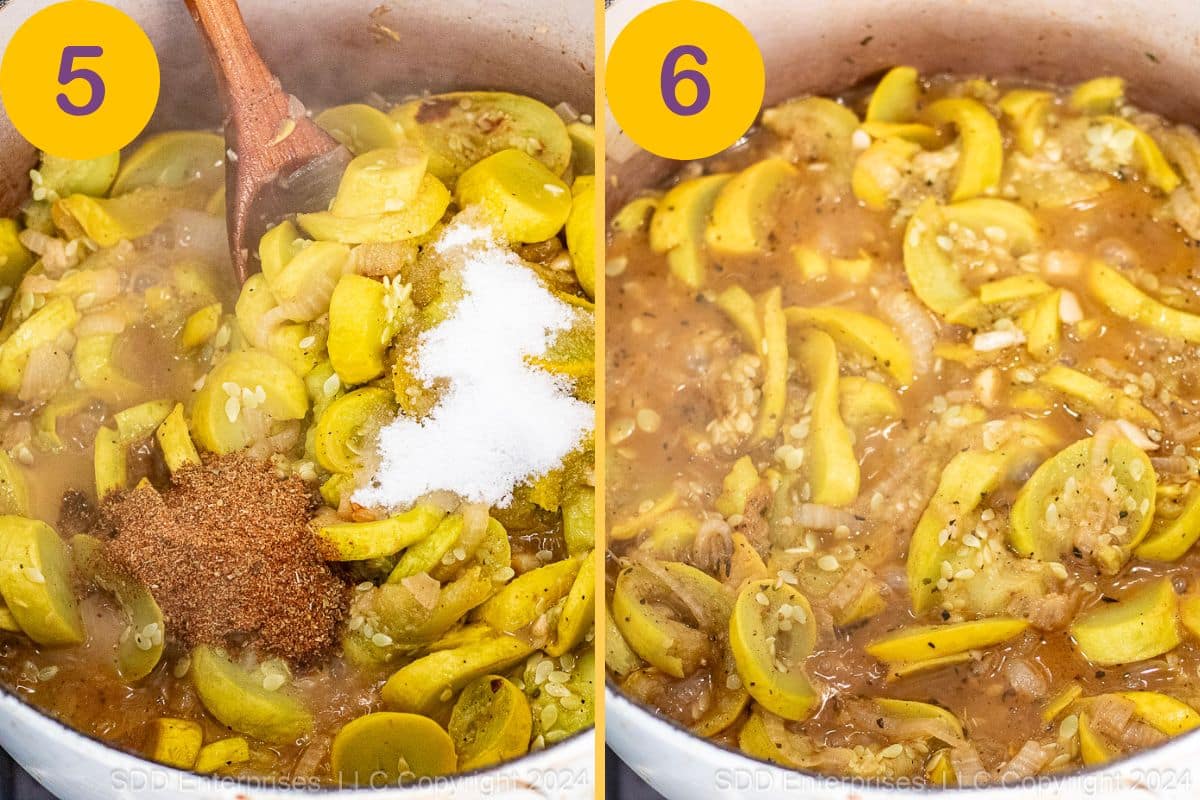 Preparing yellow squash casserole in a Dutch oven.