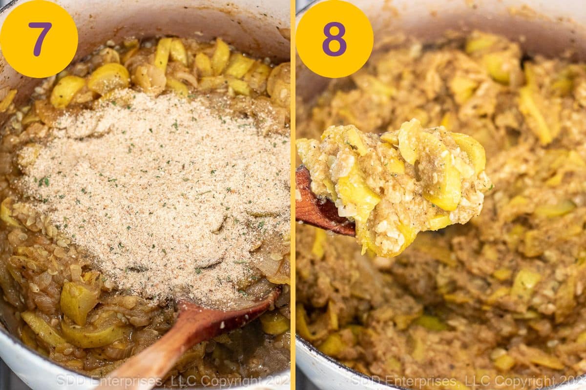 Preparing Yellow Squash Casserole in a Dutch oven. 