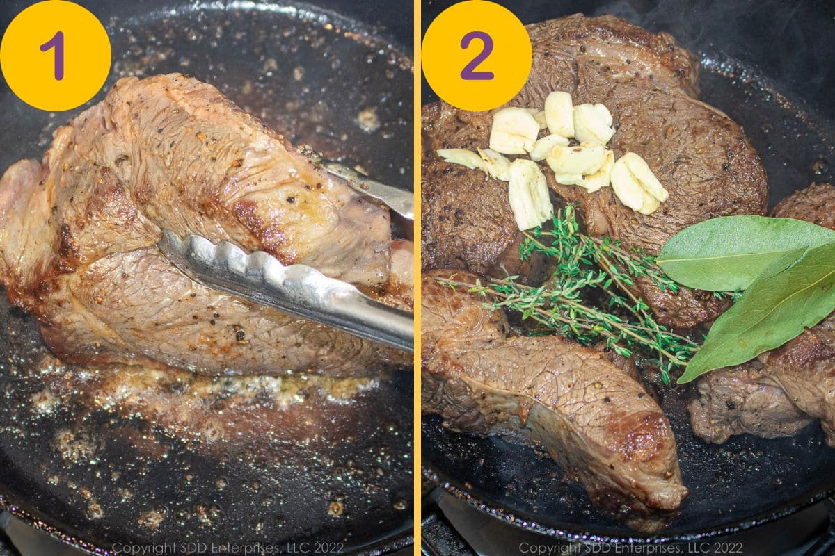 Initial steps to braise beef in a Dutch oven.