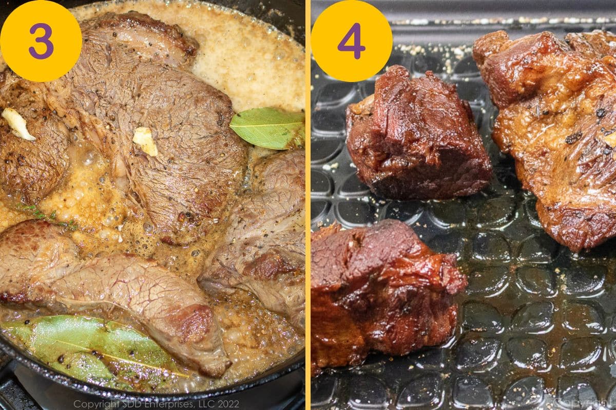 Steps for braising beef in a Dutch oven.
