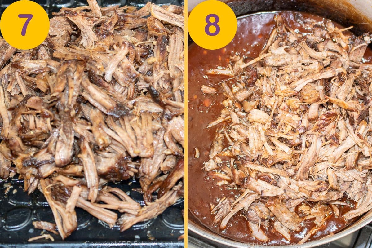 Shredded beef added to BBQ sauce in a Dutch oven.