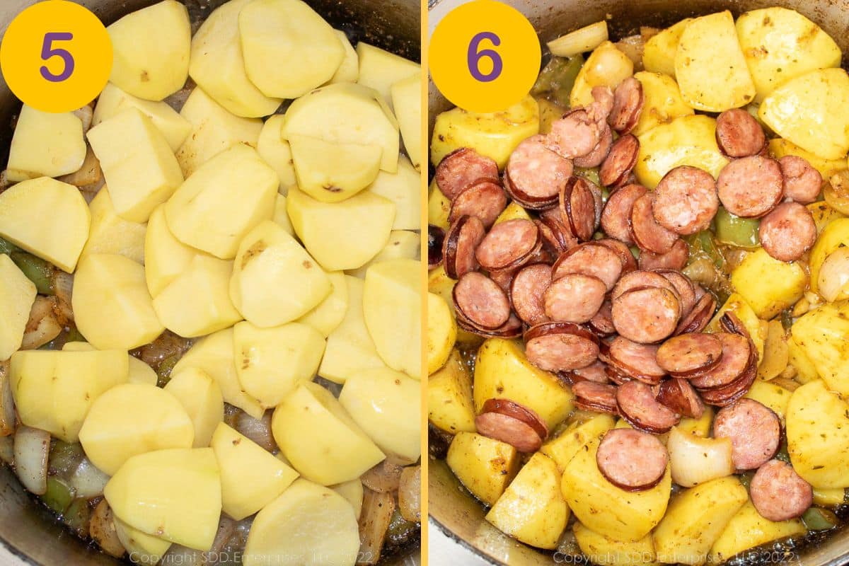 Steps for makings Smothered Potatoes in a Dutch oven.