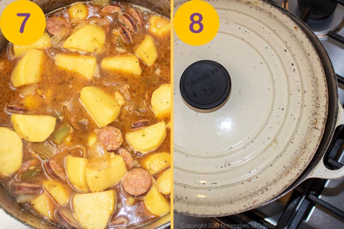 Late steps for making Smothered Potatoes in a Dutch oven.