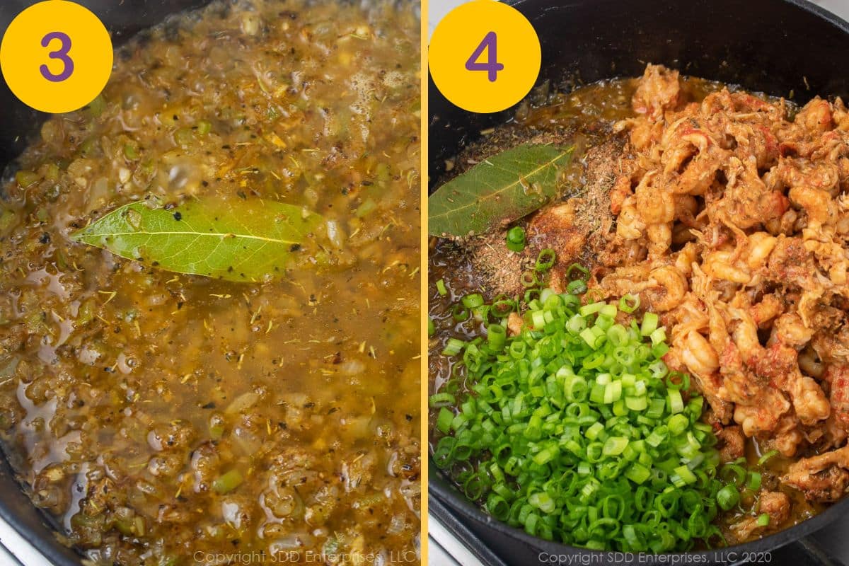Steps for making a bell pepper filling with crawfish tails in a cast iron skillet.