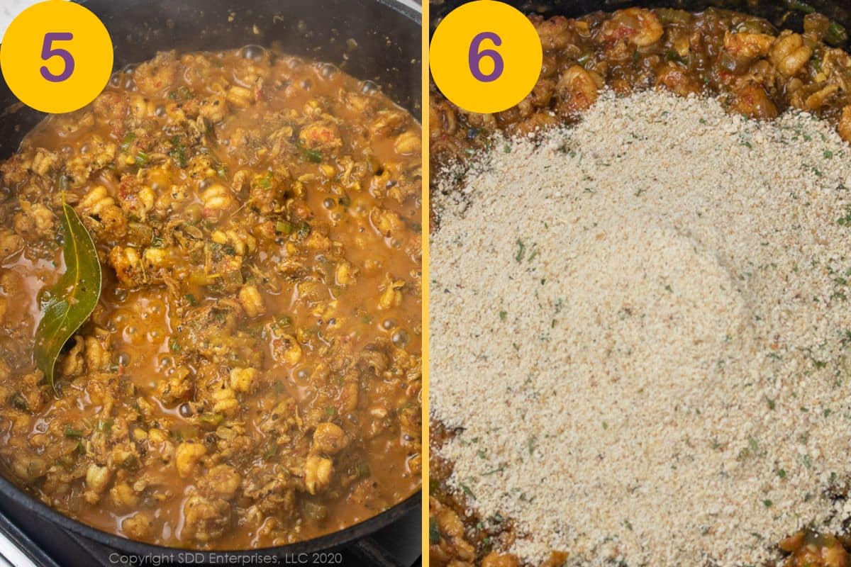 Steps to make a filling for bell peppers with crawfish and breadcrumbs in a cast iron skillet. 