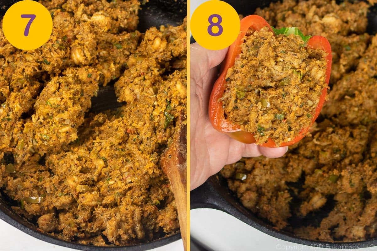 Steps to make a filling for bell peppers.