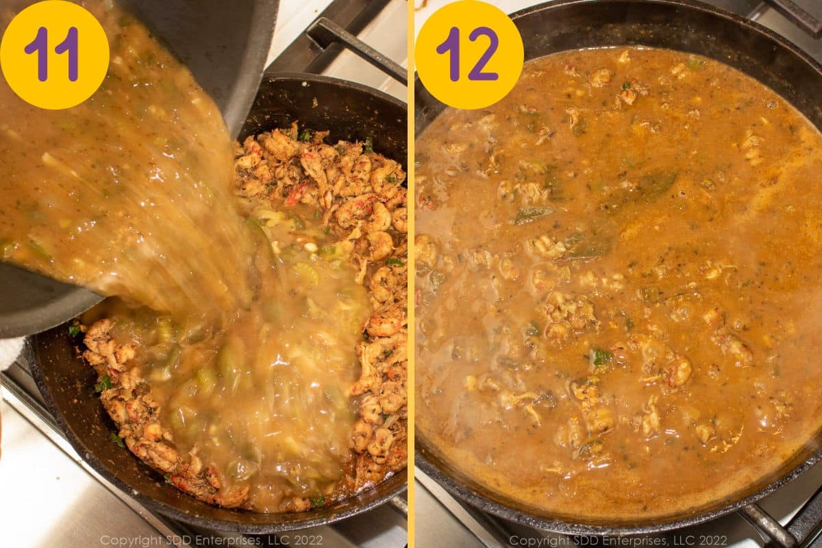 Combining gravy with crawfish tails in a Dutch oven. 