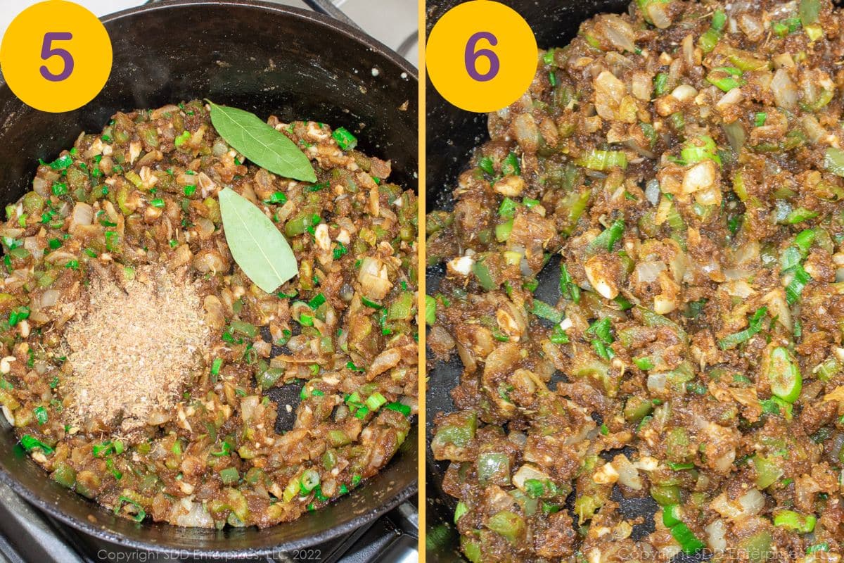 Seasoning the roux in a Dutch oven.