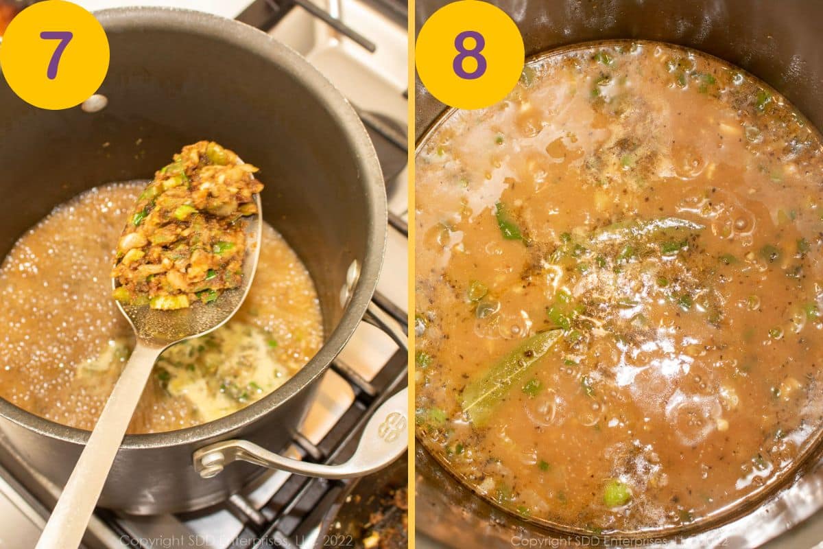 Adding a veggie/roux mixture to stock.