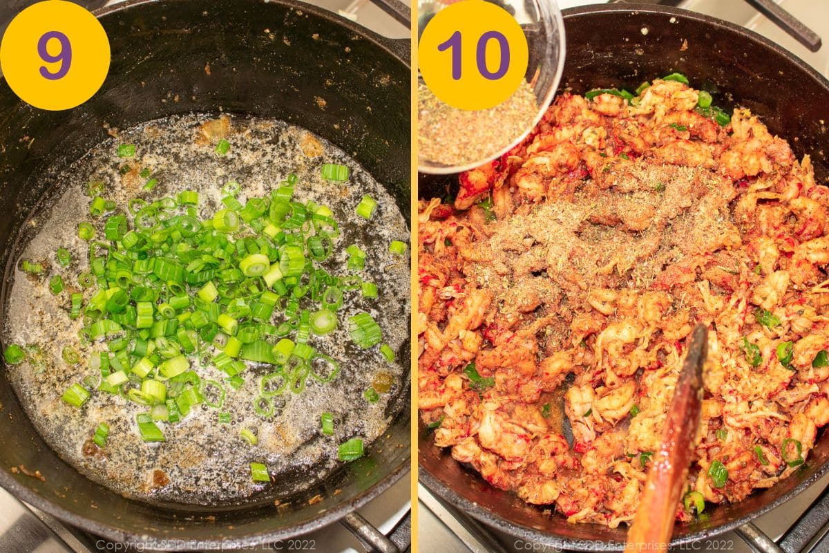 Sauteing crawfish tails in butter in a Dutch oven.
