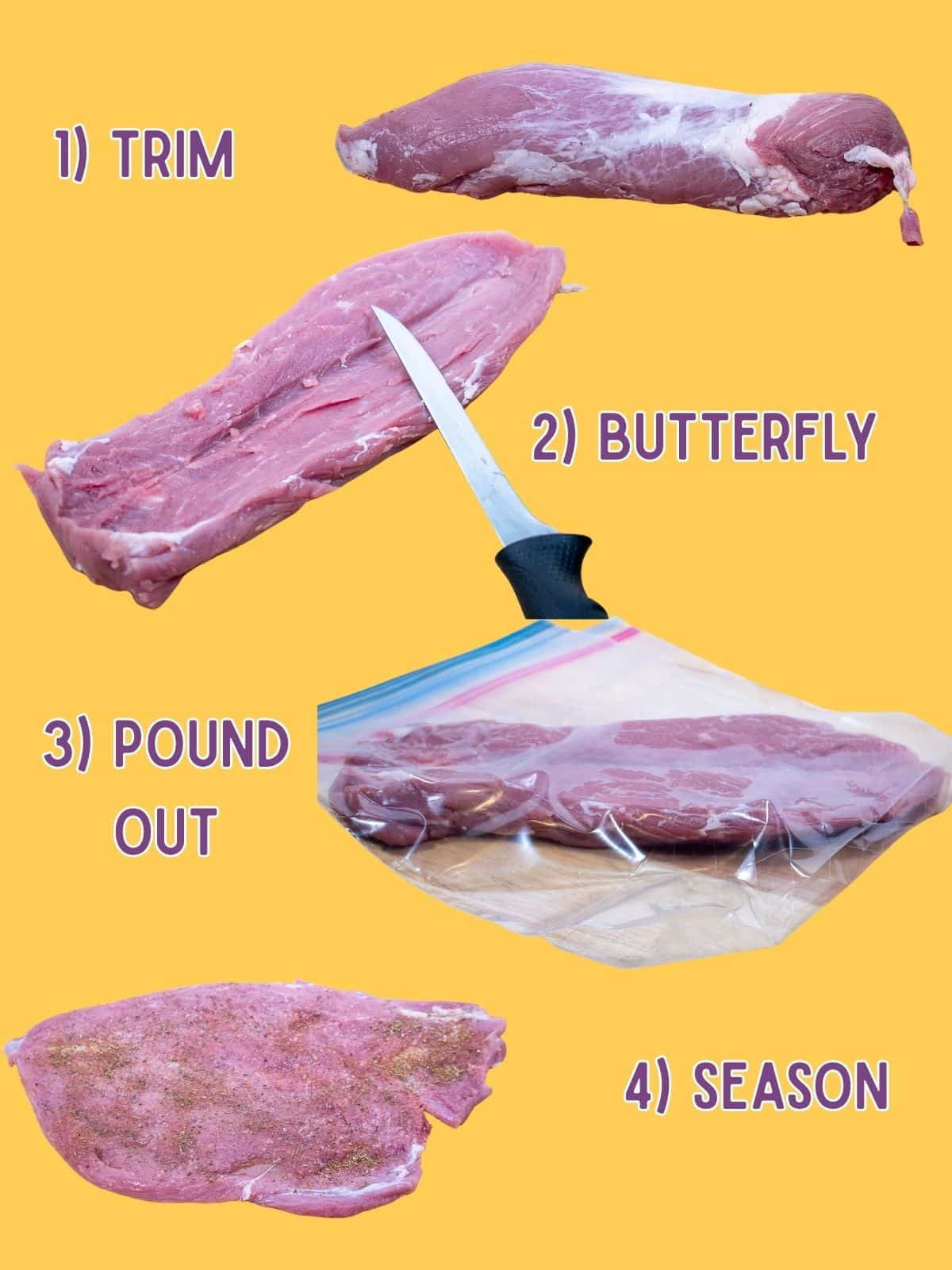 Instruction photos to trim uncooked pork tenderloin.