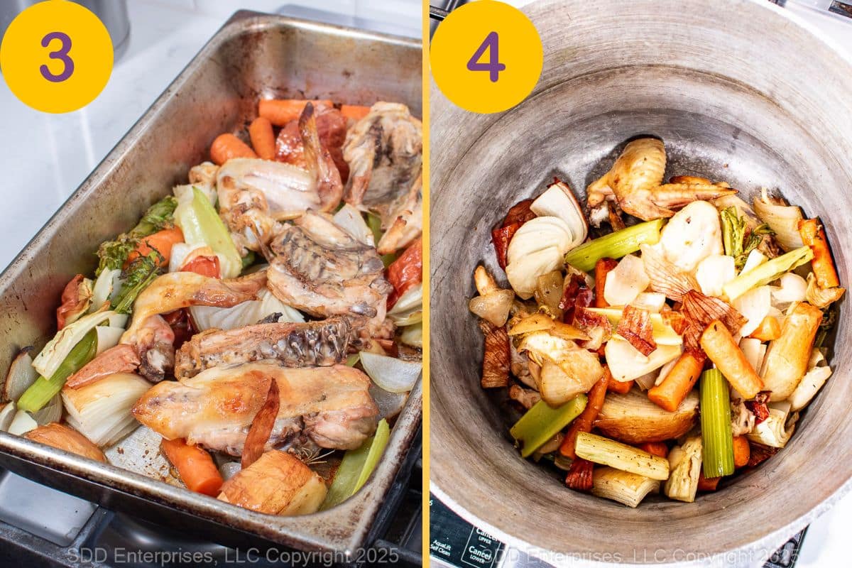 Steps in making homemade chicken stock.