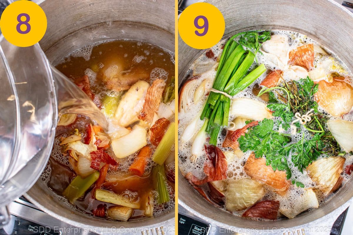 Adding cold water to the stock pot.