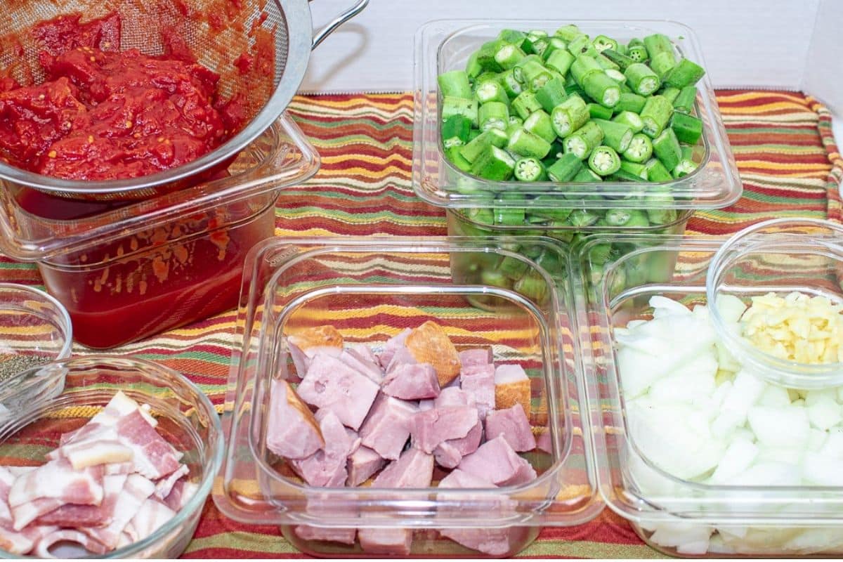 Prepared ingredients for smothered okra.