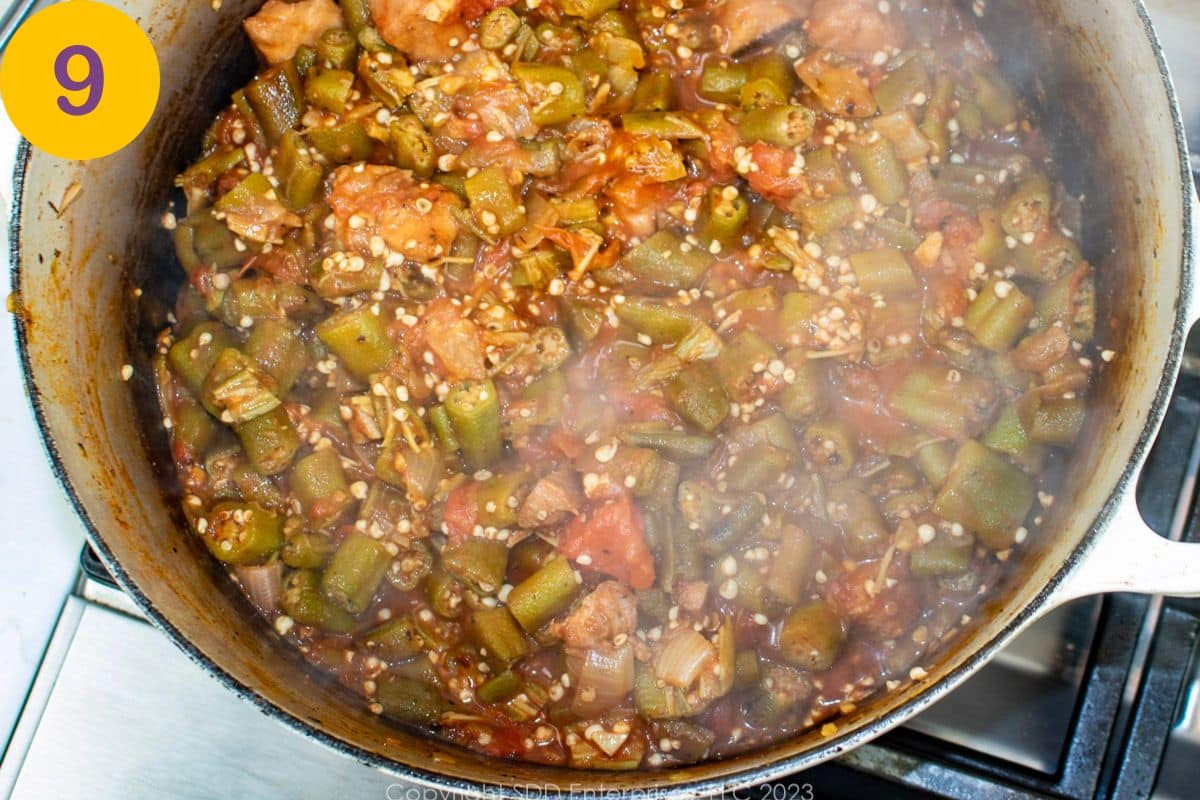 Smothered Okra and Tomatoes in a Dutch oven.